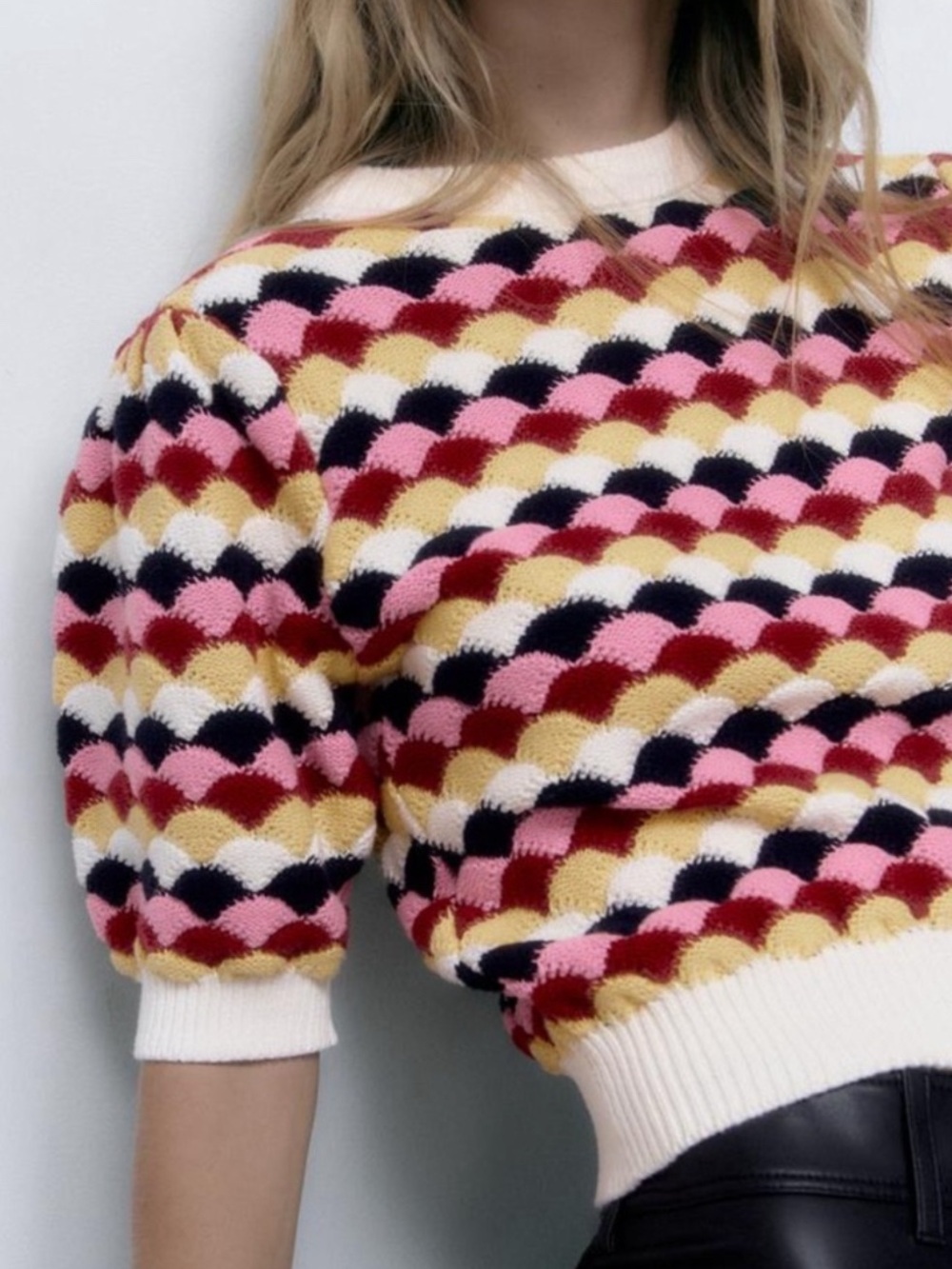 Zara Multicolor Scallop Knit Sweater - Pink, Yellow, Black, Cream